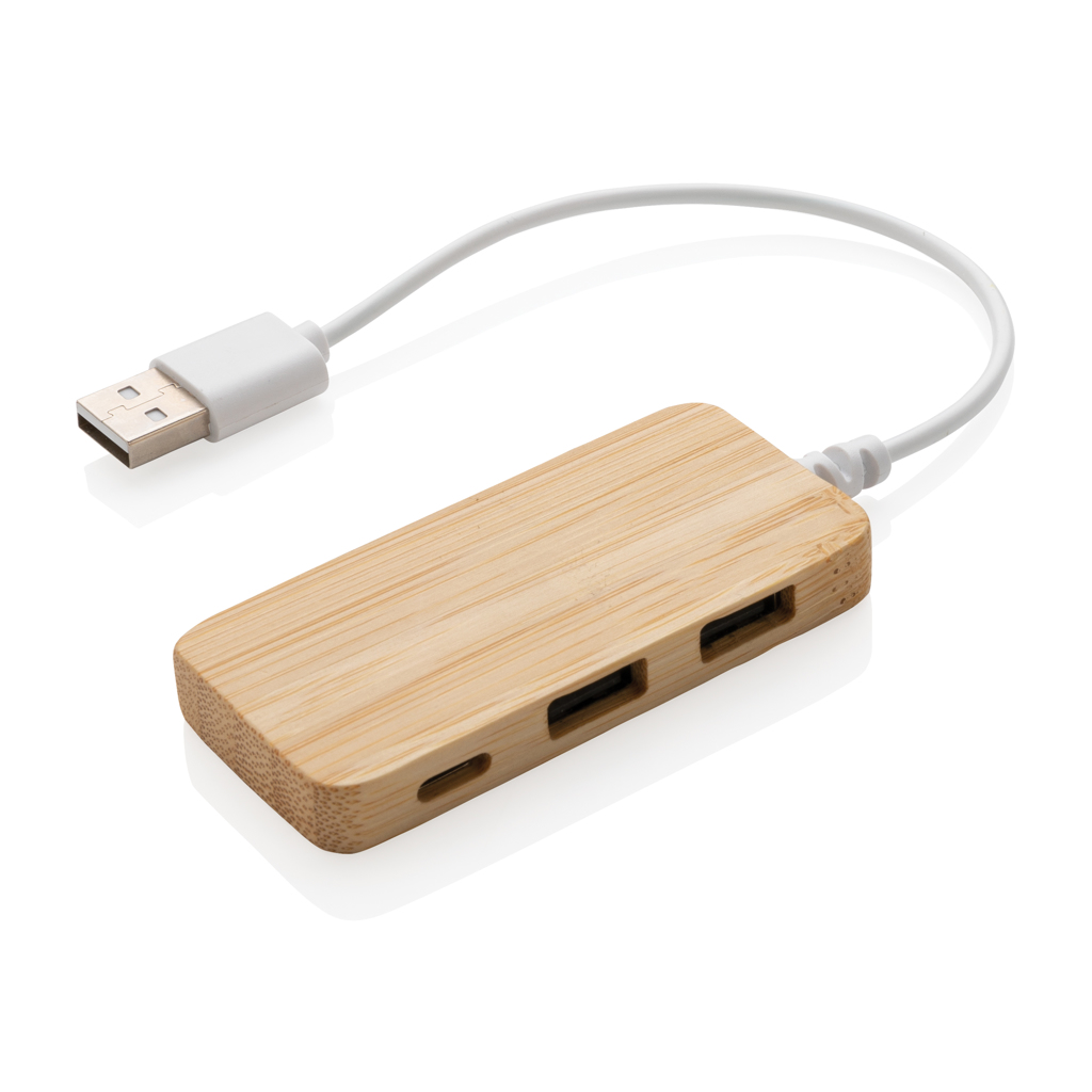 Bambus USB 2.0 Hub mit 2 USB A-Anschlüssen und einem Typ-C-Anschluss zur Erweiterung der USB-Anschlüsse Ihres Computers. Mit integriertem PVC-freiem TPE-Kabel - Bad Ischl