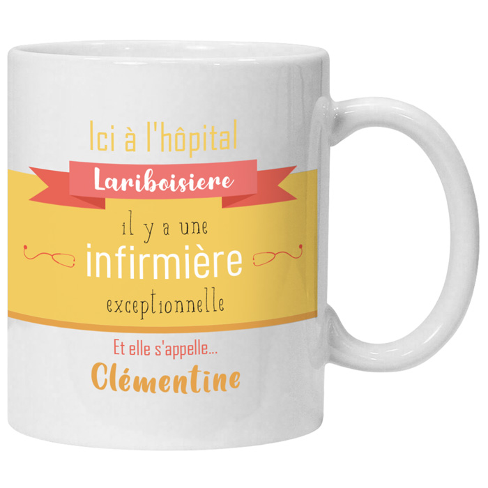 Mug infirmière personnalisé orange avec nom de l'hôpital et prénom au choix - Donoma