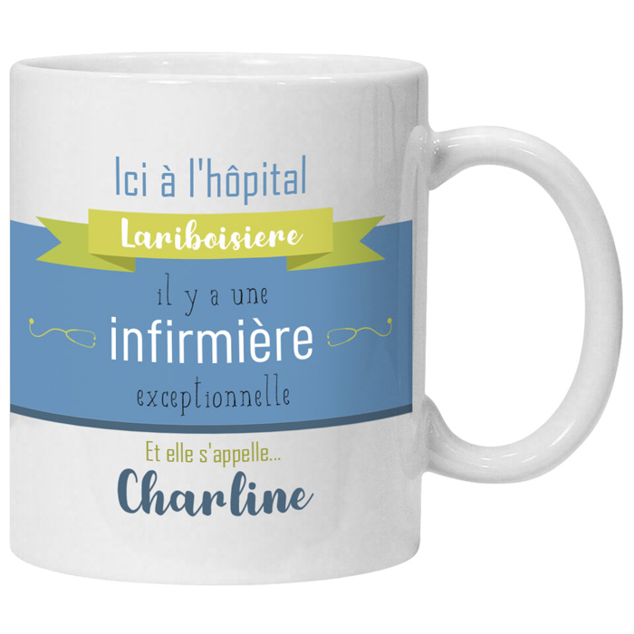 Mug infirmière personnalisé bleu avec nom de l'hôpital et prénom au choix - Doli