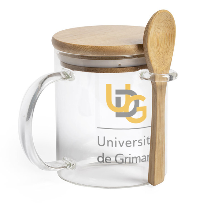 Tasse bedrucken aus Glas mit Bambusdeckel und Löffel 420 ml - Leopoldo